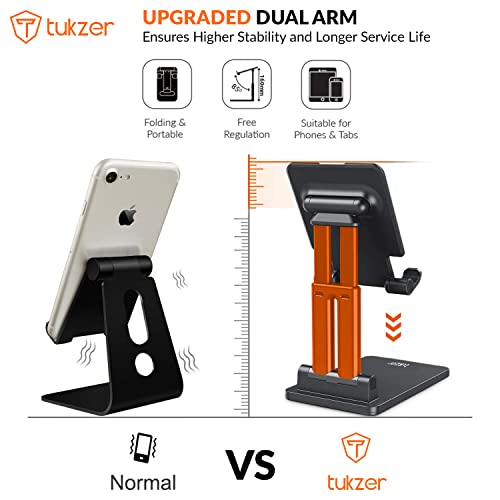 Tukzer Universal Tablet Stand Mobile Holder| Tabletop Fully Foldable Dual Poles, Heavy Base Aluminum| Multi-Angle Height Adjustable Stand for iPad Tablet Smartphone E-Book Reader Up to 12 inch (Black) - Image 2