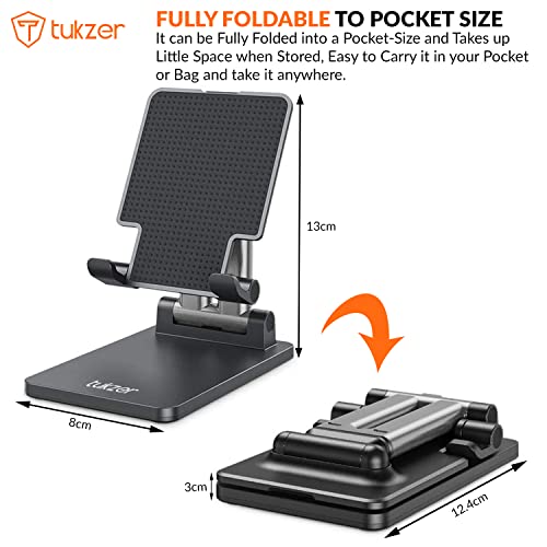 Tukzer Universal Tablet Stand Mobile Holder| Tabletop Fully Foldable Dual Poles, Heavy Base Aluminum| Multi-Angle Height Adjustable Stand for iPad Tablet Smartphone E-Book Reader Up to 12 inch (Black) - Image 5