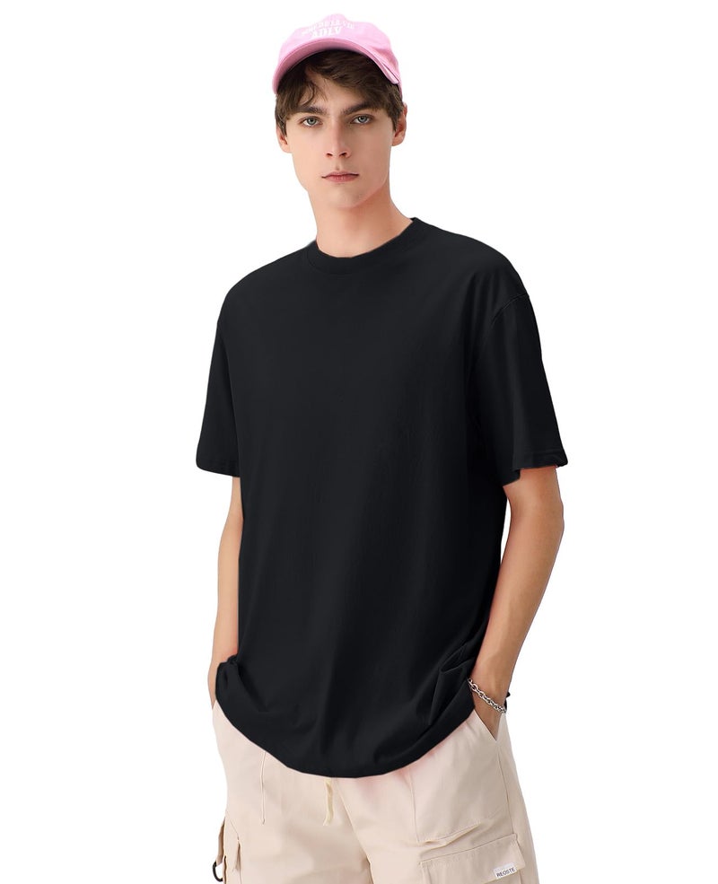 KEEPSHOWING Men's Oversized T-Shirts Cotton Unisex Short Sleeve Tshirts Crew Neck Loose Basic Tops Solid Athletic Tee(BK XL) Black - Image 2