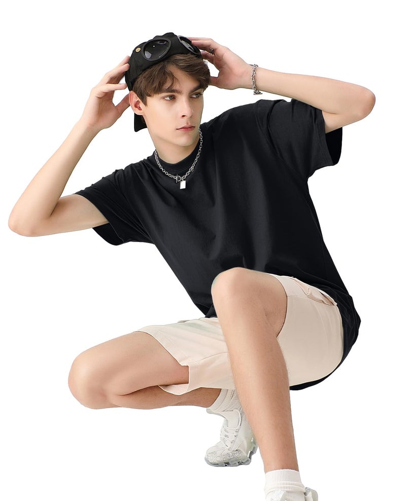 KEEPSHOWING Men's Oversized T-Shirts Cotton Unisex Short Sleeve Tshirts Crew Neck Loose Basic Tops Solid Athletic Tee(BK XL) Black - Image 3