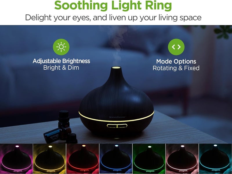 InnoGear Aromatherapy Diffuser & 10 Essential Oils Set, 400ml Diffuser Ultrasonic Diffuser Cool Mist Humidifier with 4 Timers 7 Colors Light Waterless Auto Off for Large Room Office, Dark Wood Grain - Image 4
