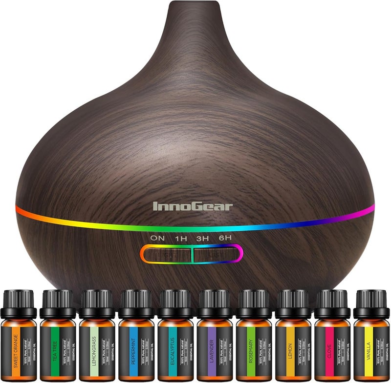 InnoGear Aromatherapy Diffuser & 10 Essential Oils Set, 400ml Diffuser Ultrasonic Diffuser Cool Mist Humidifier with 4 Timers 7 Colors Light Waterless Auto Off for Large Room Office, Dark Wood Grain - Image 1