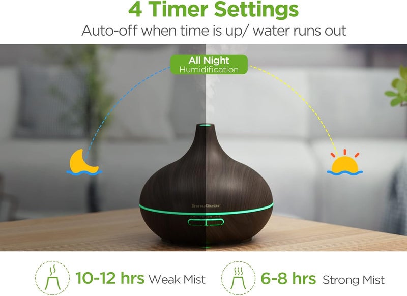 InnoGear Aromatherapy Diffuser & 10 Essential Oils Set, 400ml Diffuser Ultrasonic Diffuser Cool Mist Humidifier with 4 Timers 7 Colors Light Waterless Auto Off for Large Room Office, Dark Wood Grain - Image 5