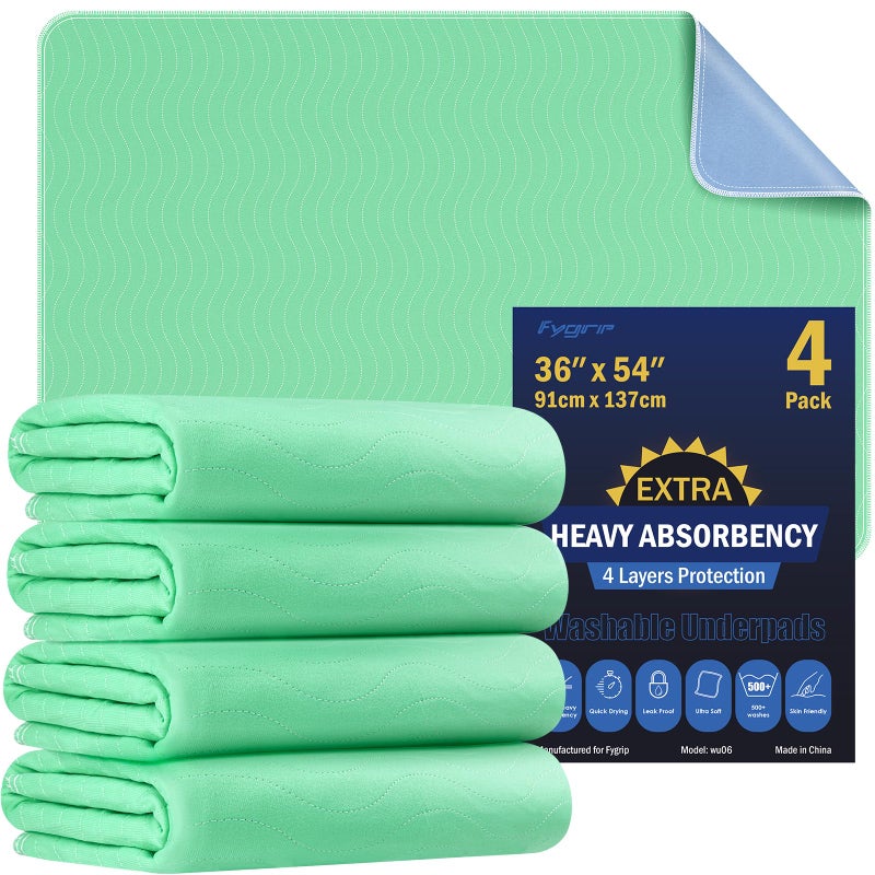 FYGRIP 4 Pack 36â€ x 54â€ Extra Heavy Absorbency Washable Underpads, Waterproof Nursing Pads Incontinence Bed Pads, Reusable Washable Pee Pads for Dogs, Diaper Changing & Adults, Mattress Protector - Image 1