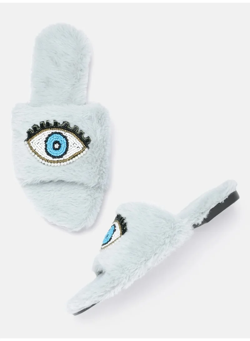 Buttereye Chic Indoor Slipper Slides Soft Vegan Fur & Lightweight Cushioned Sole Hand-Beaded Design