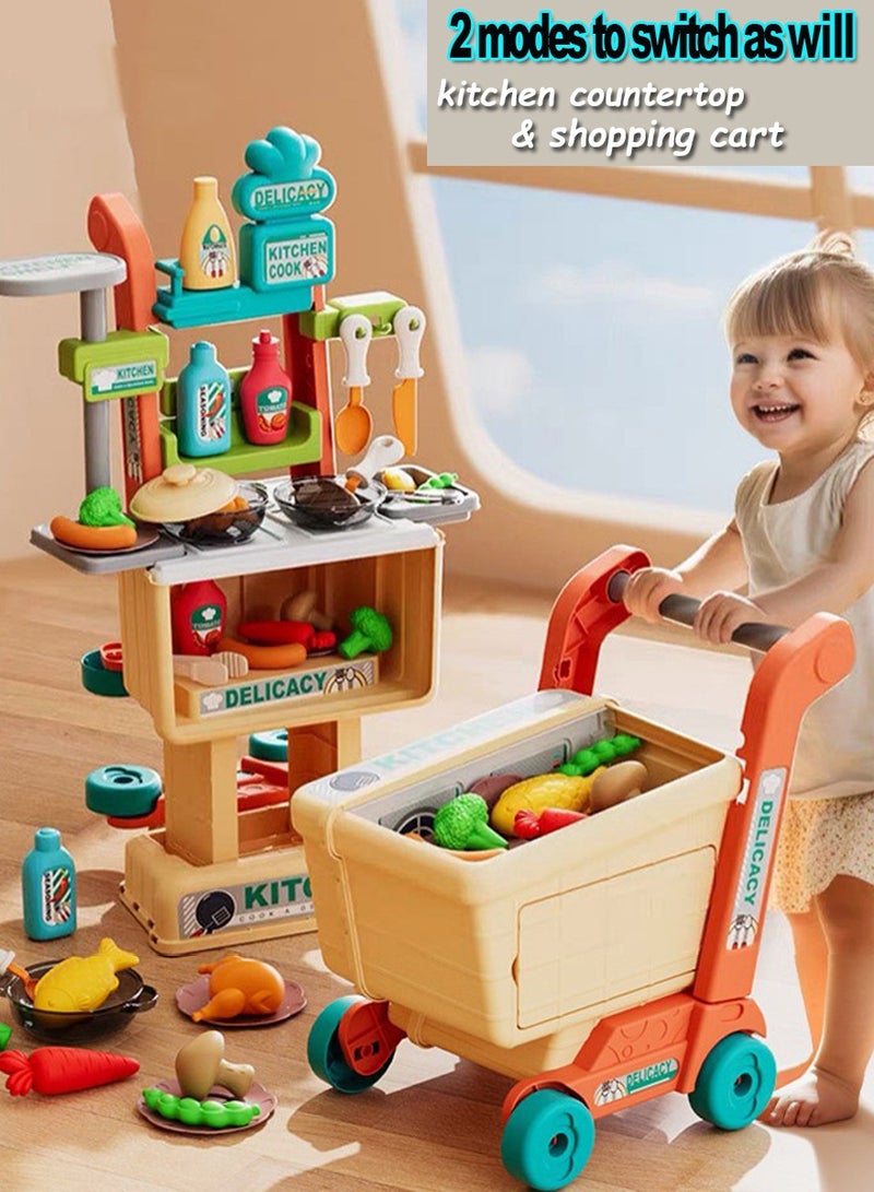 جني ثروة طقم لعبة التظاهر بعربة تسوق 2 في 1 لعبة مطبخ للأطفال مع وضعين يمكن تحويلهما بحرية - Image 3
