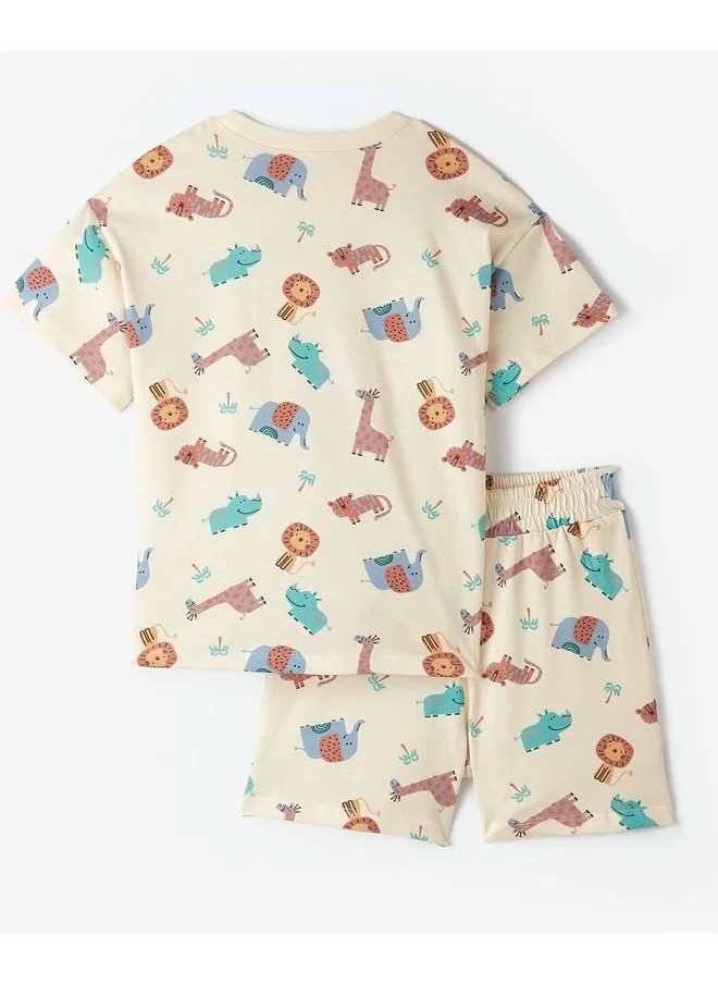 جون June Girl Printed Short-Tshirt Set Stone