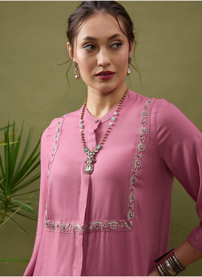 SASSAFRAS - Embroidered Panel Shirt & Palazzo Set by Styli - Image 1