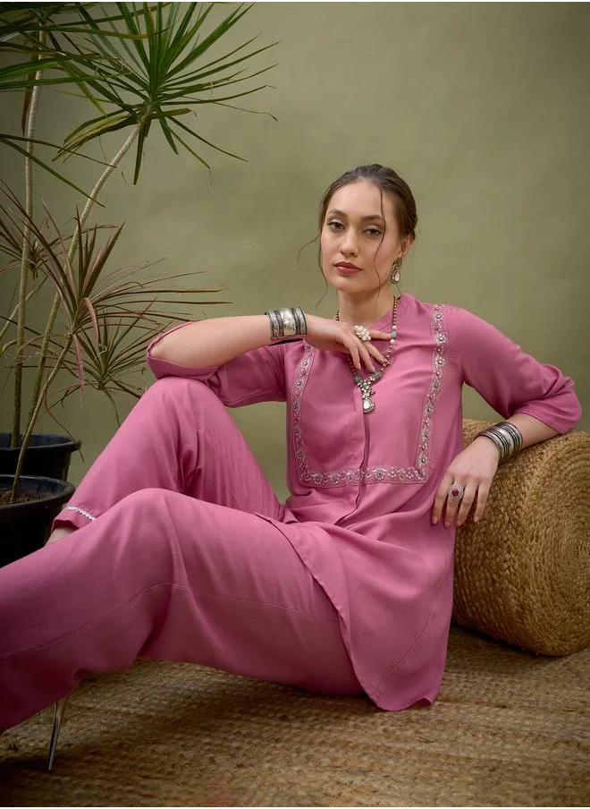 SASSAFRAS Embroidered Panel Shirt & Palazzo Set by Styli