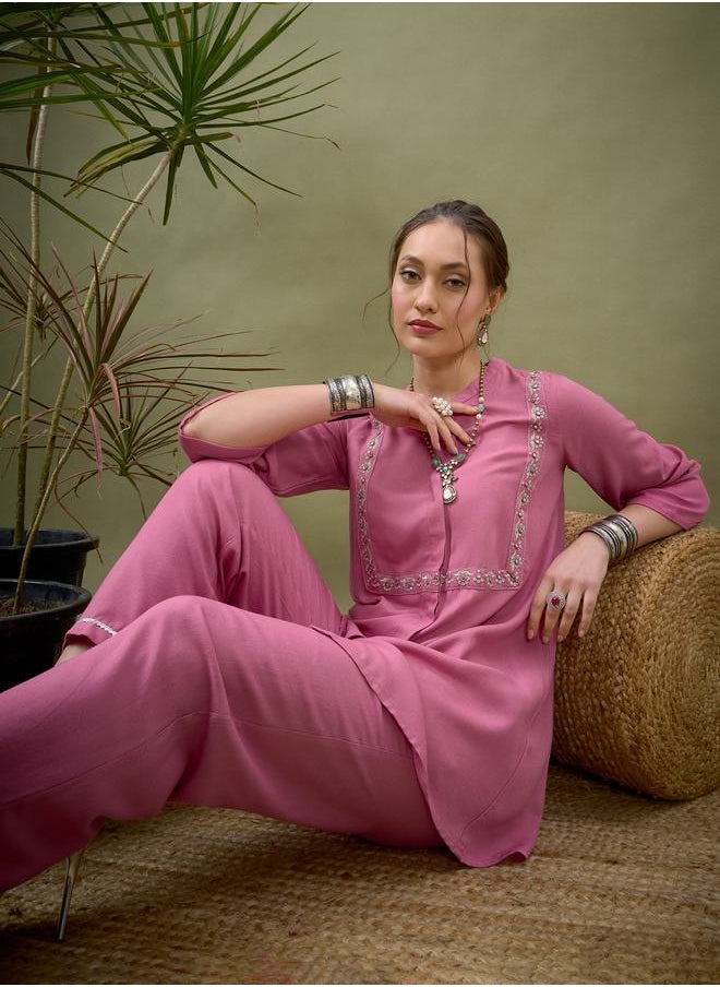 SASSAFRAS - Embroidered Panel Shirt & Palazzo Set by Styli - Image 1