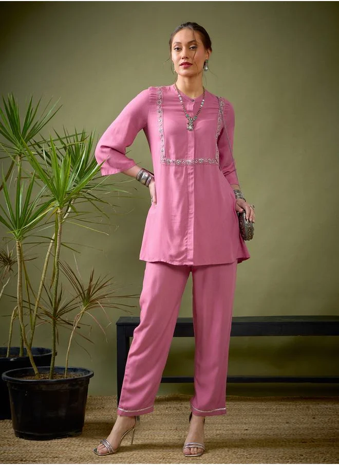 SASSAFRAS Embroidered Panel Shirt & Palazzo Set by Styli