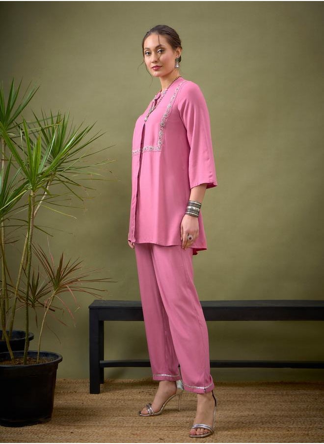 SASSAFRAS - Embroidered Panel Shirt & Palazzo Set by Styli - Image 1
