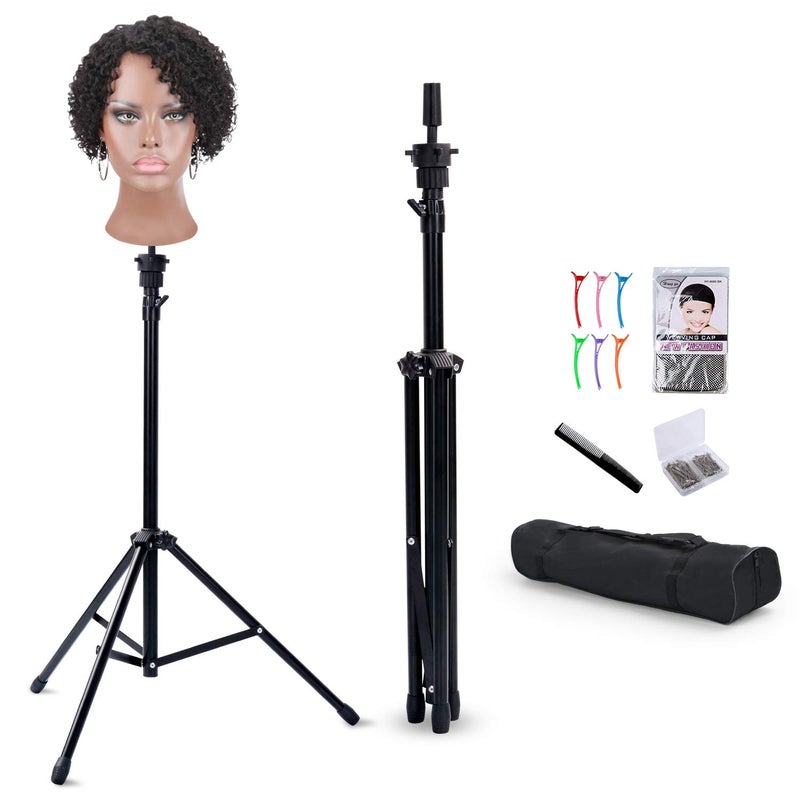 Klvied Reinforced Wig Stand Tripod Mannequin Head Stand, Adjustable Holder for Cosmetology Hairdressing Training with T-with Caps, T-Pins, Comb, Hair Clip, Carrying Bag - Image 1