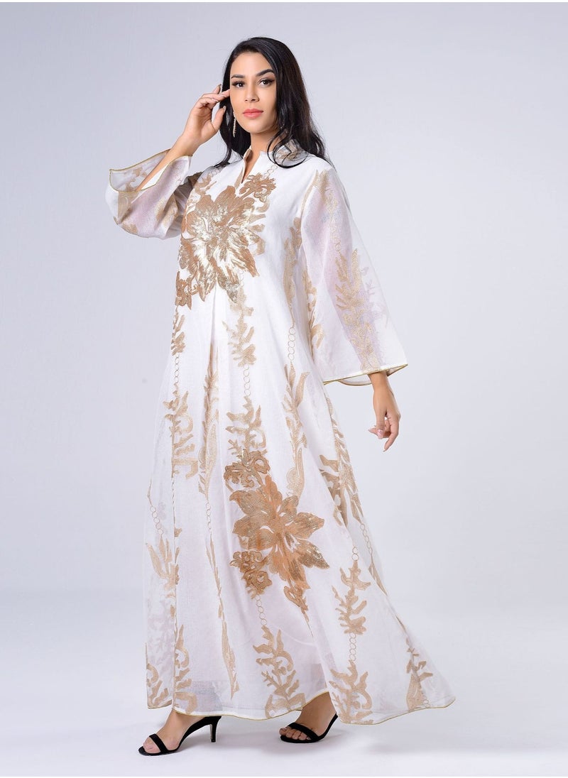Best Gift Fashion Best Gift Embroidered Abaya Dress For Women Moroccan Kaftan Turkey Arabic Jalabiya White Islamic Ethnic Robe Eid Ramadan White Color  - Image 2