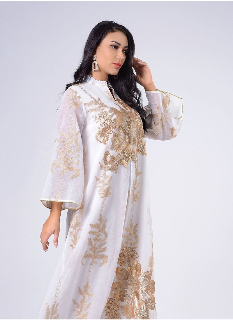 Best Gift Fashion Best Gift Embroidered Abaya Dress For Women Moroccan Kaftan Turkey Arabic Jalabiya White Islamic Ethnic Robe Eid Ramadan White Color  - Image 3