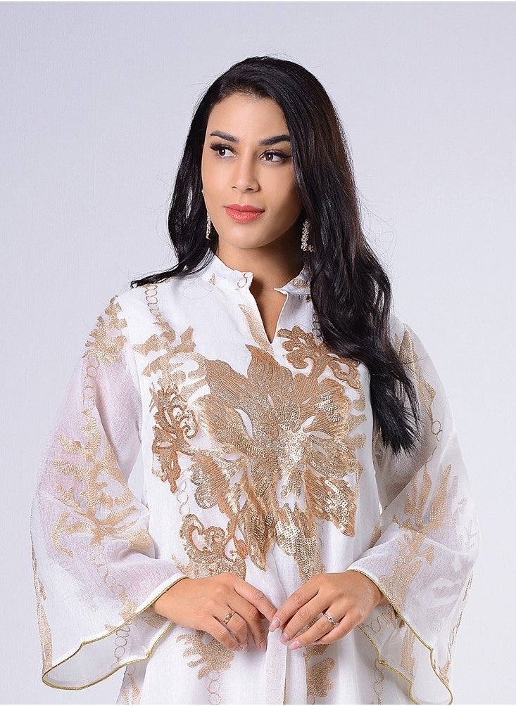 Best Gift Fashion Best Gift Embroidered Abaya Dress For Women Moroccan Kaftan Turkey Arabic Jalabiya White Islamic Ethnic Robe Eid Ramadan White Color  - Image 4