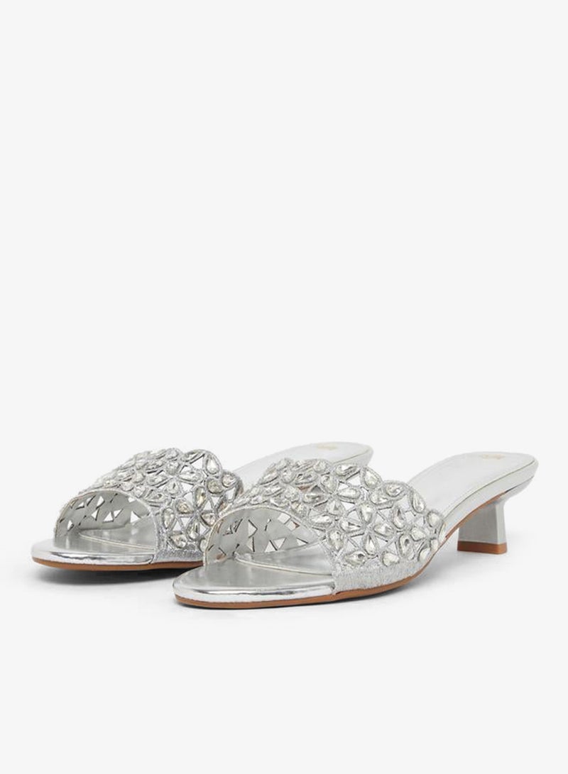 Styli Silver Embellished Low Heel Sandals - Image 1
