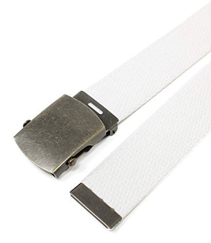 BC Belts Canvas Web Belt Military Style with Antique Brass Buckle and Tip 50" Long (White) - Image 2