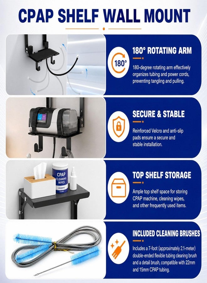 Vornalex Upgraded CPAP Shelf Wall Mount, 2-Tier Organizer for ResMed AirSense 10 & 11 | with Tube Cleaning Brush Adjustable Angle Cpap Hose Hanger & Mask Hook, Avoids Hose Tangle, Cpap Stand Bedside - Image 3