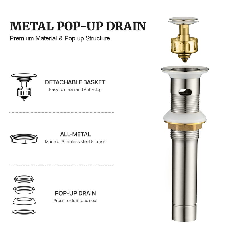 Ultimate Unicorn Pop up Sink Drain Stopper for Bathroom Vessel Vanity Sink Art Basin Brushed Nickel, Small Cap with Overflow, Metal Pop up Drain Strainer with Detachable Basket Stopper - Image 2