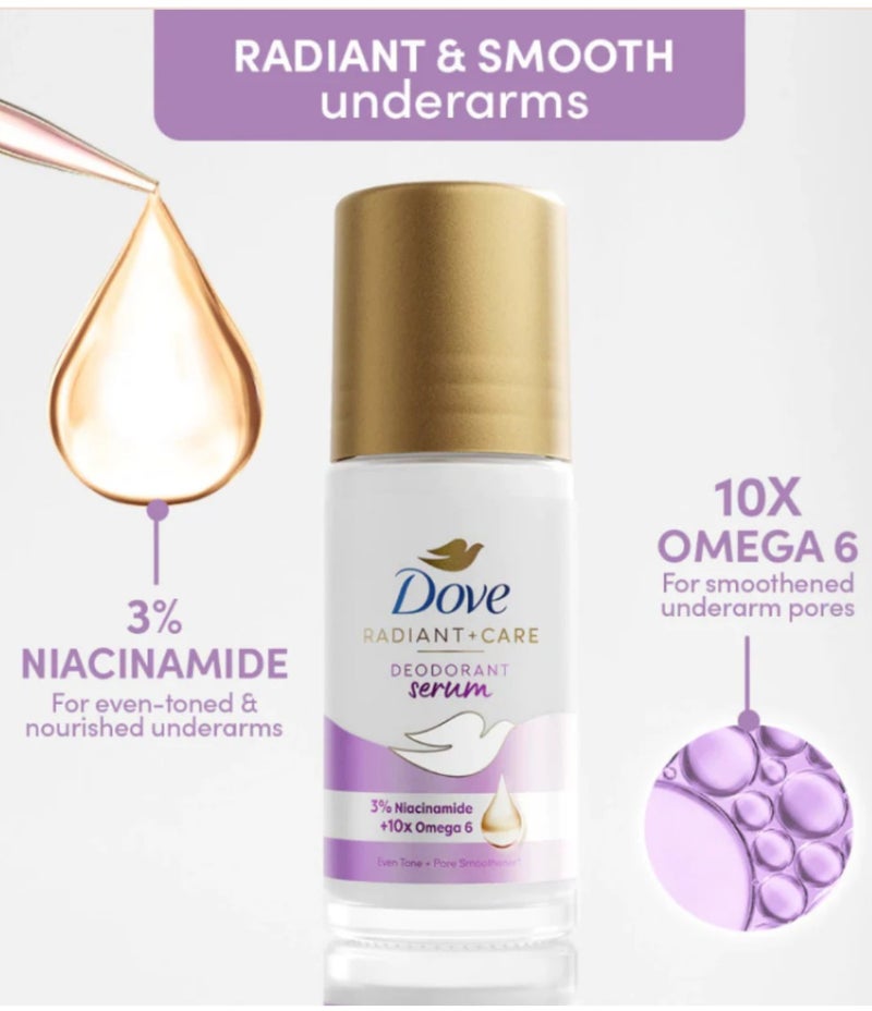 Dove Radiant + Care Deodorant Serum 45ml – 3% Niacinamide + 10X Omega 6, Brightening, Nourishing Care & Long-Lasting Freshness - Image 2