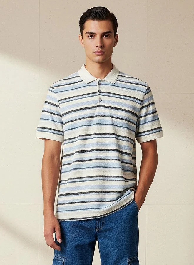 لي كوبر Lee Cooper Men Regular Fit Collared Short Sleeves Striped Polo T-shirt