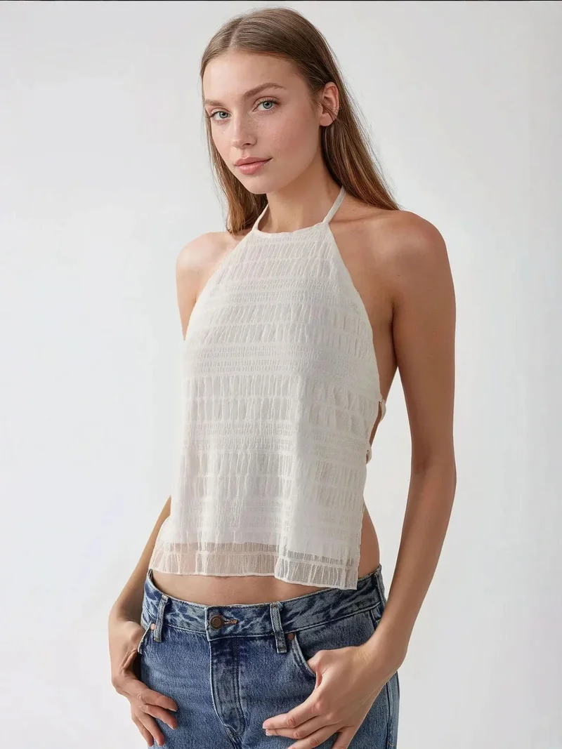 Hiccup White Textured Halter Neck Fitted Top for Women | Best Price UAE
