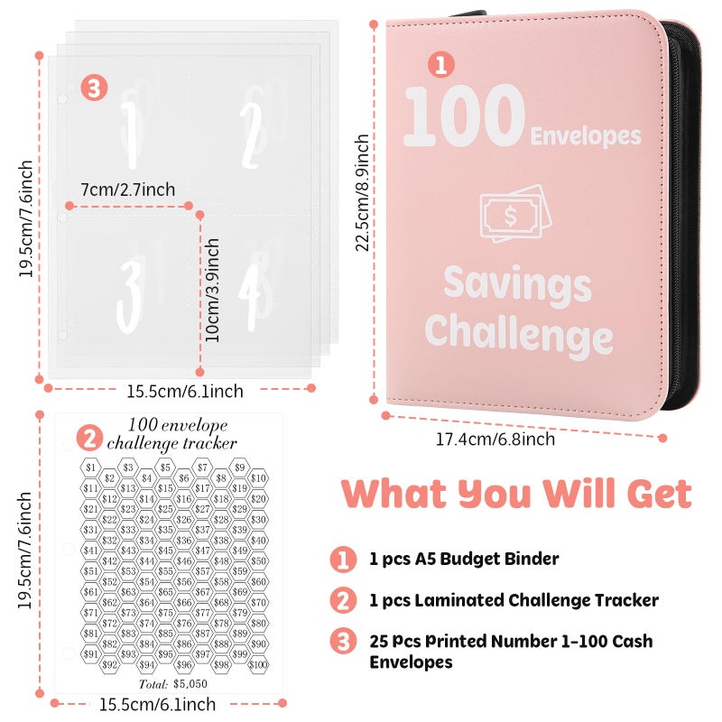 Pemocyny 100 Envelopes Money Saving Challenge Binder with Laminated Tracker, Money Saving Challenge Budget Binder with Cash Envelopes, Savings Challenge Book with Zipper to Save $5,050 (Pink) - Image 2