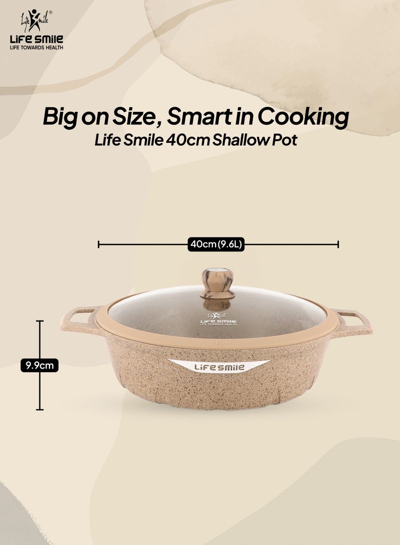Life Smile وعاء ضحل غير لاصق من الجرانيت 40 سم مع غطاء زجاجي | قاعدة تحريض | طلاء جرانيت متعدد الطبقات | سعة 9.6 لتر - Image 3