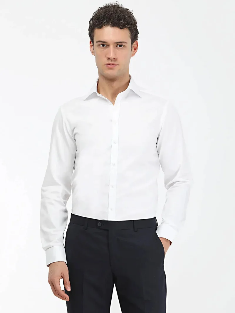 Kip White Plain Slim Fit Weaving Classical 100% Cotton Shirt