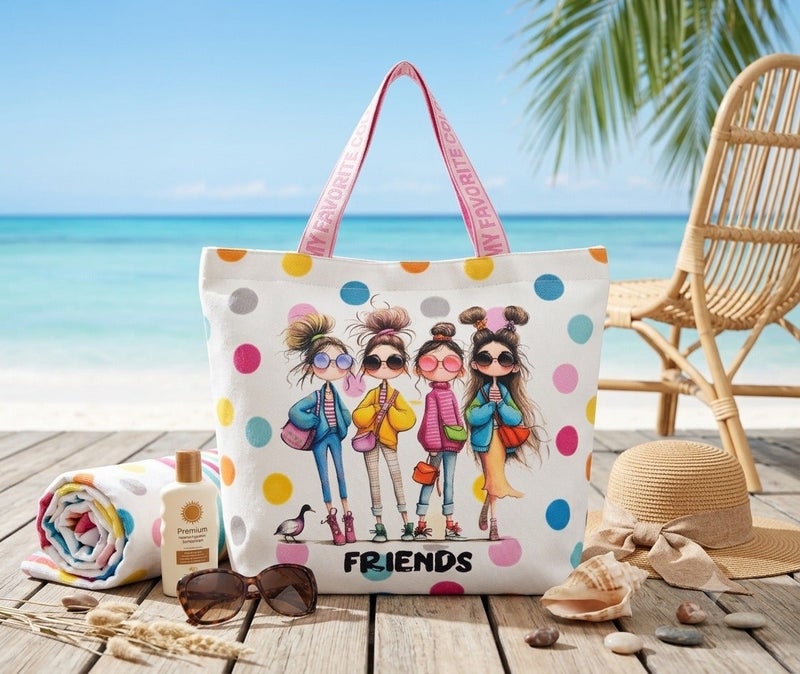 FRIENDS Medium Beach Bag – Multicolor & White Polka Dot Design – 45 × 40 cm - Image 2