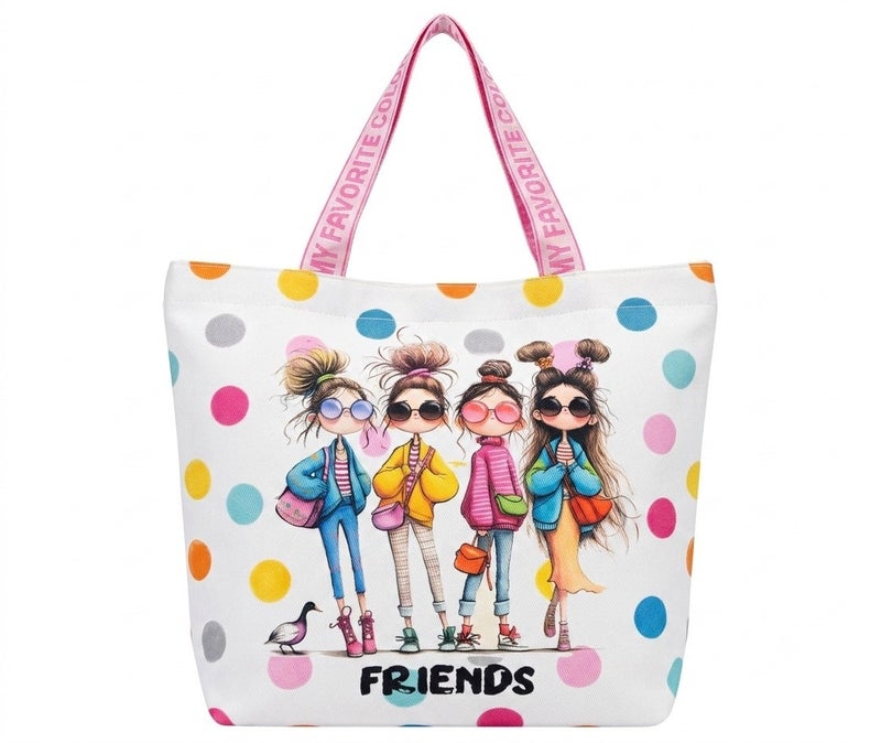 FRIENDS Medium Beach Bag – Multicolor & White Polka Dot Design – 45 × 40 cm - Image 1