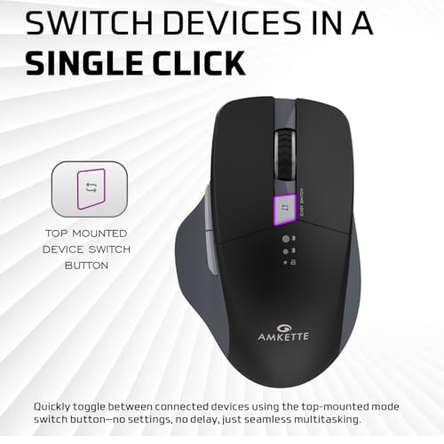 Amkette Hush Pro Epic M Rechargeable Wireless Mouse/Bluetooth Mouse | 3 Device Connectivity (2xBT&2.4G) with Top Mounted Device Switch Button, Silent Switches, Ergonomic Design, Upto 3200 DPI (Black) - Image 3