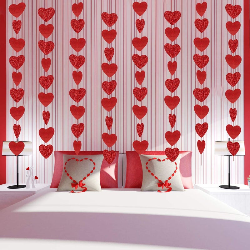 Partyprops 8 Packs Red Glitter Heart Garland- NO DIY - Heart Garland Decorations - Valentines Day Hanging String Banner - Valentines Day Decorations - Valentine's Day Party Decor Supplies - Image 5