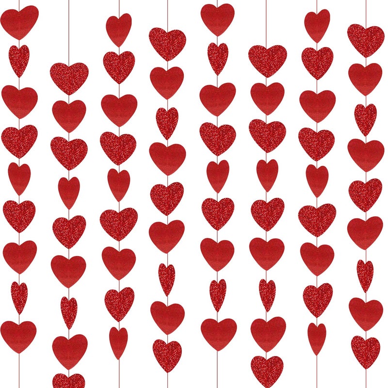 Partyprops 8 Packs Red Glitter Heart Garland- NO DIY - Heart Garland Decorations - Valentines Day Hanging String Banner - Valentines Day Decorations - Valentine's Day Party Decor Supplies - Image 1