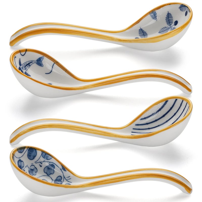 Ceramic Soup Spoons Set of 4 Porcelain Japanese Soup Spoon Long Handle Asian Soup Spoon Sets for Pho Ramen Noodles Wonton Dumpling Rice Model 4