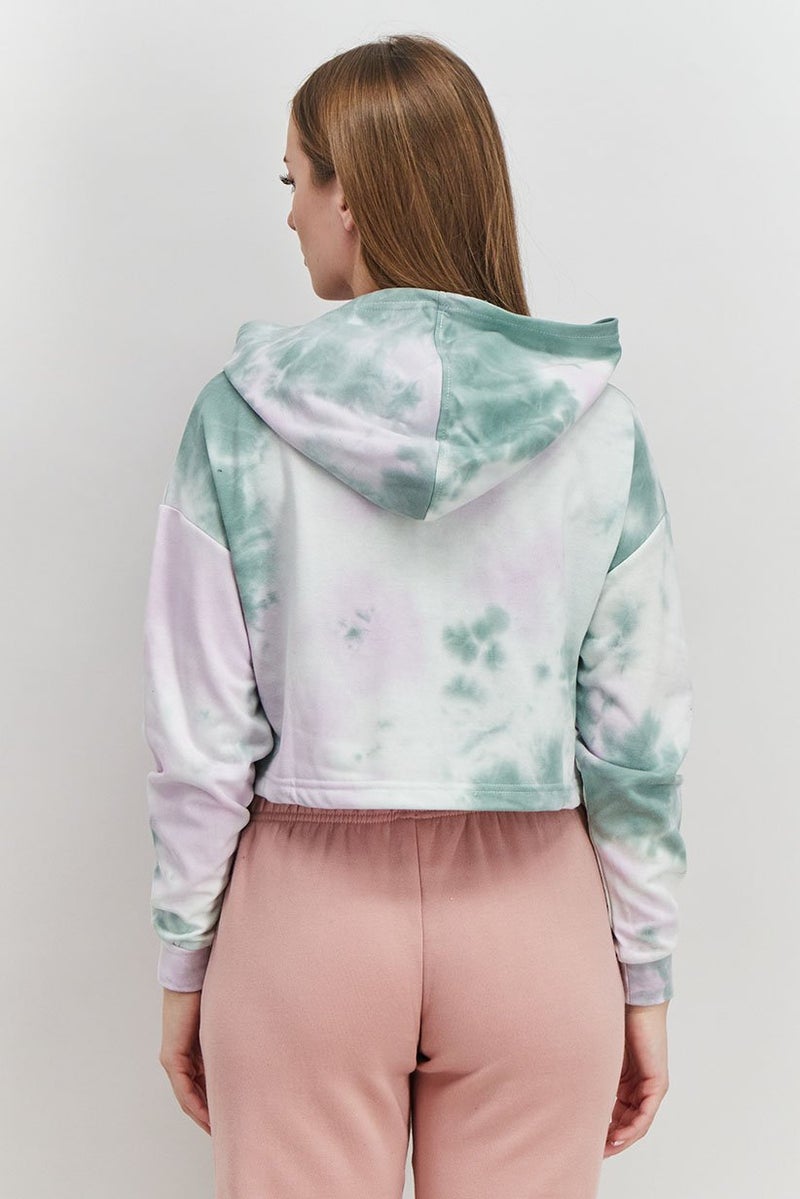 XOXO Women Sportswear Fit Long Sleeve Tie Dye Hooded Jacket, Green Combo - Image 3