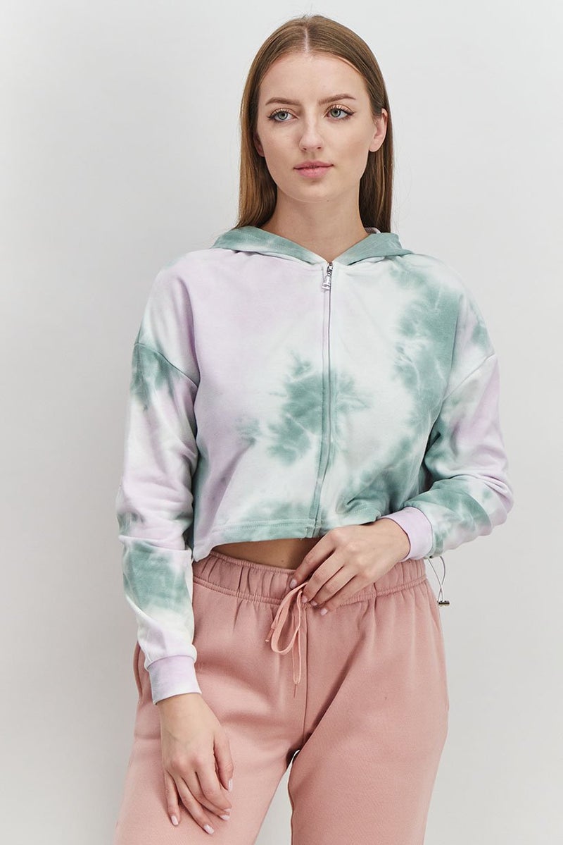 XOXO Women Sportswear Fit Long Sleeve Tie Dye Hooded Jacket, Green Combo - Image 1