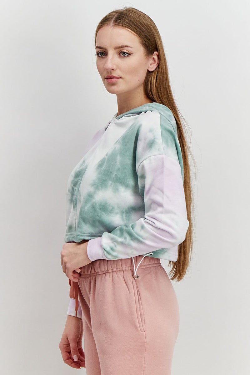 XOXO Women Sportswear Fit Long Sleeve Tie Dye Hooded Jacket, Green Combo - Image 2