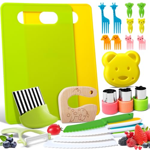 Reaeon 23 PCS Kids Cooking Sets Kitchen Tools for Toddlers Real Cooking Kids Kitchen Knife Set with Cutting Board Kid Safe Knives Peeler Sandwich Cutters Crinkle Cutter for Girls Boys - Image 1
