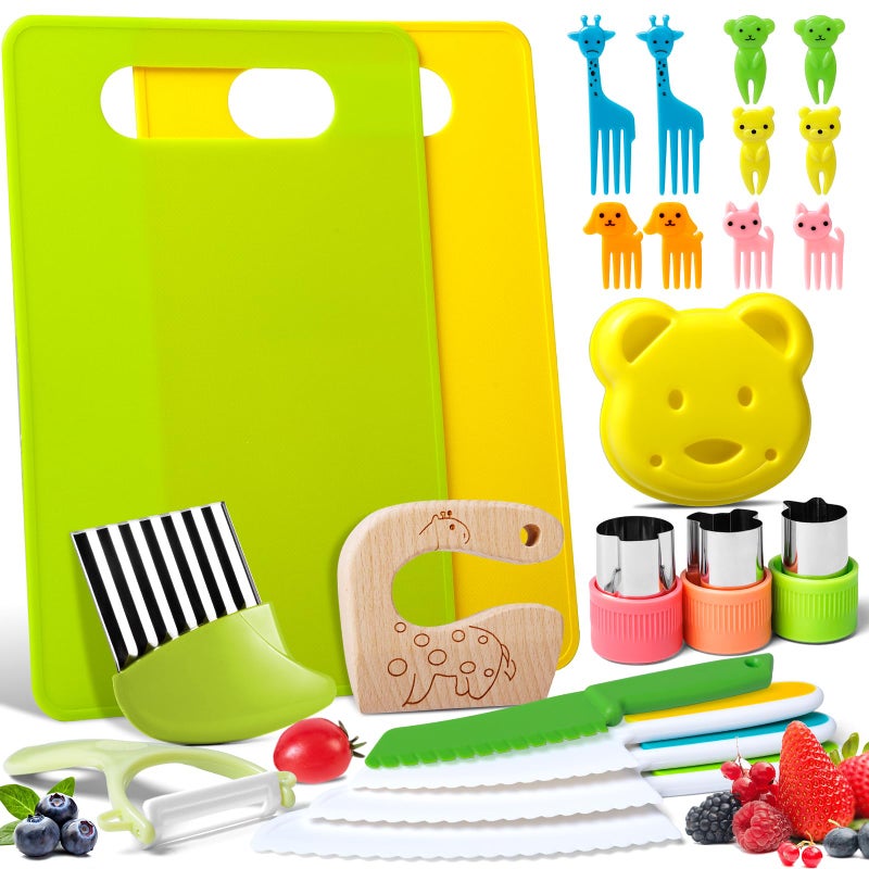 Reaeon 23 PCS Kids Cooking Sets Kitchen Tools for Toddlers Real Cooking Kids Kitchen Knife Set with Cutting Board Kid Safe Knives Peeler Sandwich Cutters Crinkle Cutter for Girls Boys - Image 3