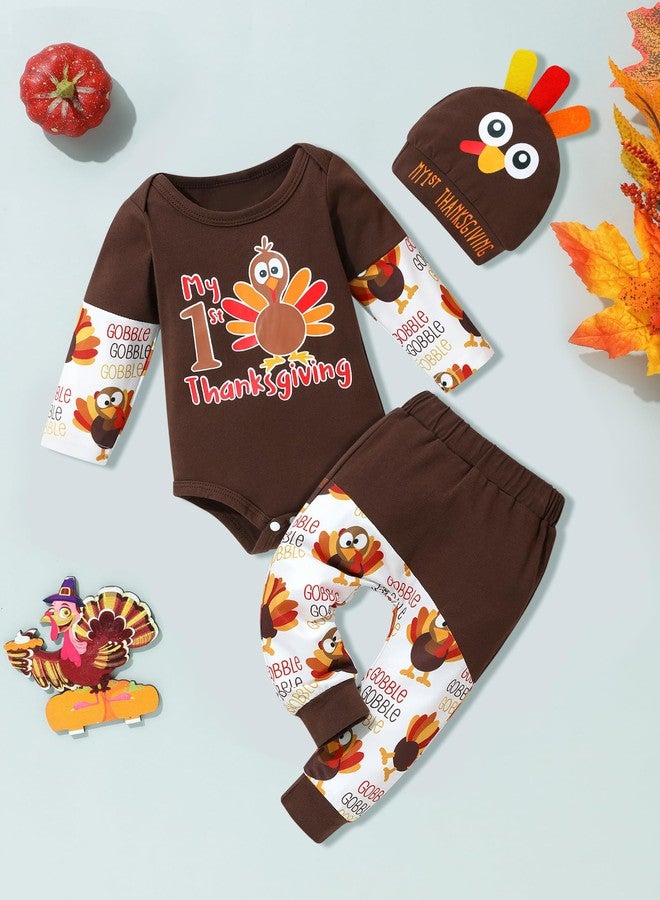 Hipea هيبيا ملابس عيد الشكر الأولى للصبي طقم طباعة الحروف وديك رومي القميص + البنطال + القبعة 3 قطع ملابس للأطفال 0-3 أشهر - Image 2