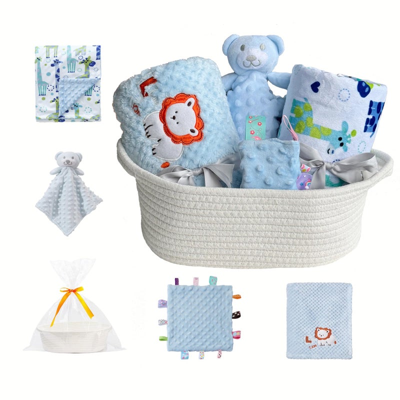 CREVENT Baby Welcome Gift Set Storage Basket with 2 Blankets+ 1 Security Blanket + 1 Taggie + 1 Gift Bag with Ribbon (Blue) - Image 1