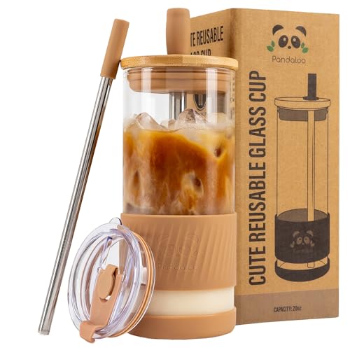 Pandaloo® Glass Cups With Lids and Straws -20 Fl Oz- Perfect Size Iced Coffee Cup - Smoothie Cup With Bamboo Lid and On the go Lid - Glass Tumbler With Straw (1 Count (Pack of 1), Amber Sand) - Image 1