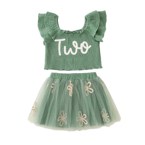 KEKEMI Toddler Girl Birthday Outfits 2nd 3rd 4th 5th 6th 7th Birthday Embroidery Shirt B-Day Tutu Skirt Set Cake Smash Outfit(Green,2T) - Image 1