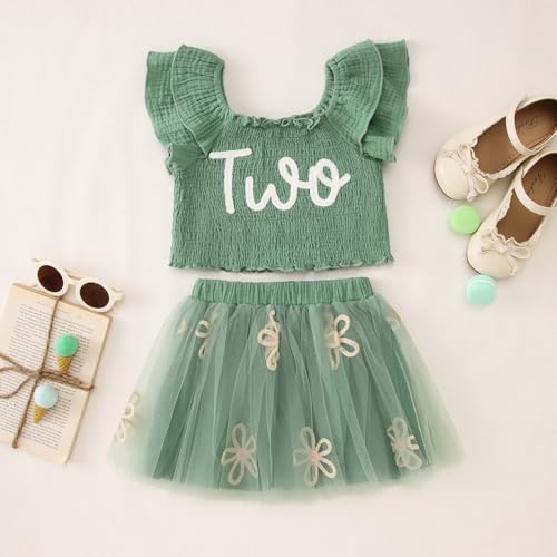 KEKEMI Toddler Girl Birthday Outfits 2nd 3rd 4th 5th 6th 7th Birthday Embroidery Shirt B-Day Tutu Skirt Set Cake Smash Outfit(Green,2T) - Image 4