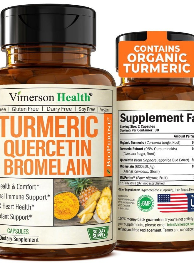 Vimerson Health مكمل كيرسيتين مع بروميلين وكركم - كبسولات كيرسيتين 500 ملغ + كركمين مع فلفل أسود - مكملات المفاصل للنساء والرجال. مكمل بروميلين كركم كركمين. 60 كبسولة كركم - Image 1