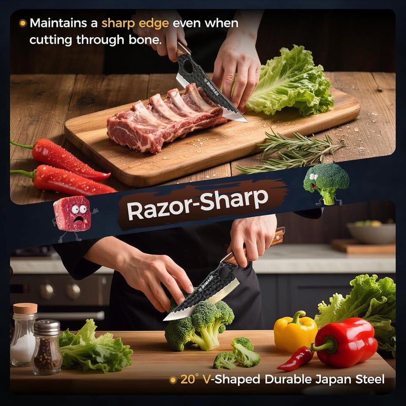 BOMASS Butcher Knife for Cutting Set of 3, Hand Forged Japanese Meat Cleaver Knife for Cooking, High Carbon Kitchen Knife & Serbian Chef Knife & Boning Knife for Home, Outdoor, Camping, BBQ, Gift for Men - Image 3