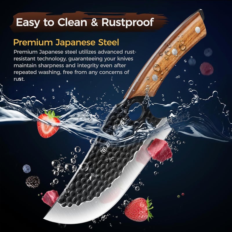 BOMASS Butcher Knife for Cutting Set of 3, Hand Forged Japanese Meat Cleaver Knife for Cooking, High Carbon Kitchen Knife & Serbian Chef Knife & Boning Knife for Home, Outdoor, Camping, BBQ, Gift for Men - Image 4