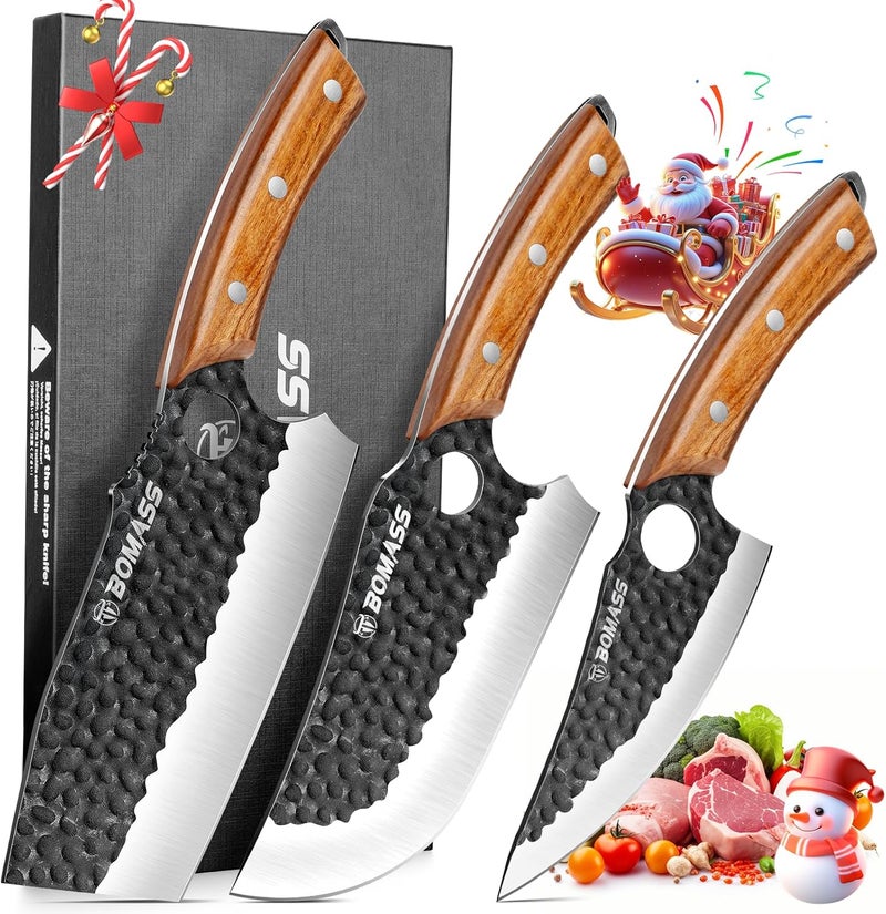BOMASS Butcher Knife for Cutting Set of 3, Hand Forged Japanese Meat Cleaver Knife for Cooking, High Carbon Kitchen Knife & Serbian Chef Knife & Boning Knife for Home, Outdoor, Camping, BBQ, Gift for Men - Image 1